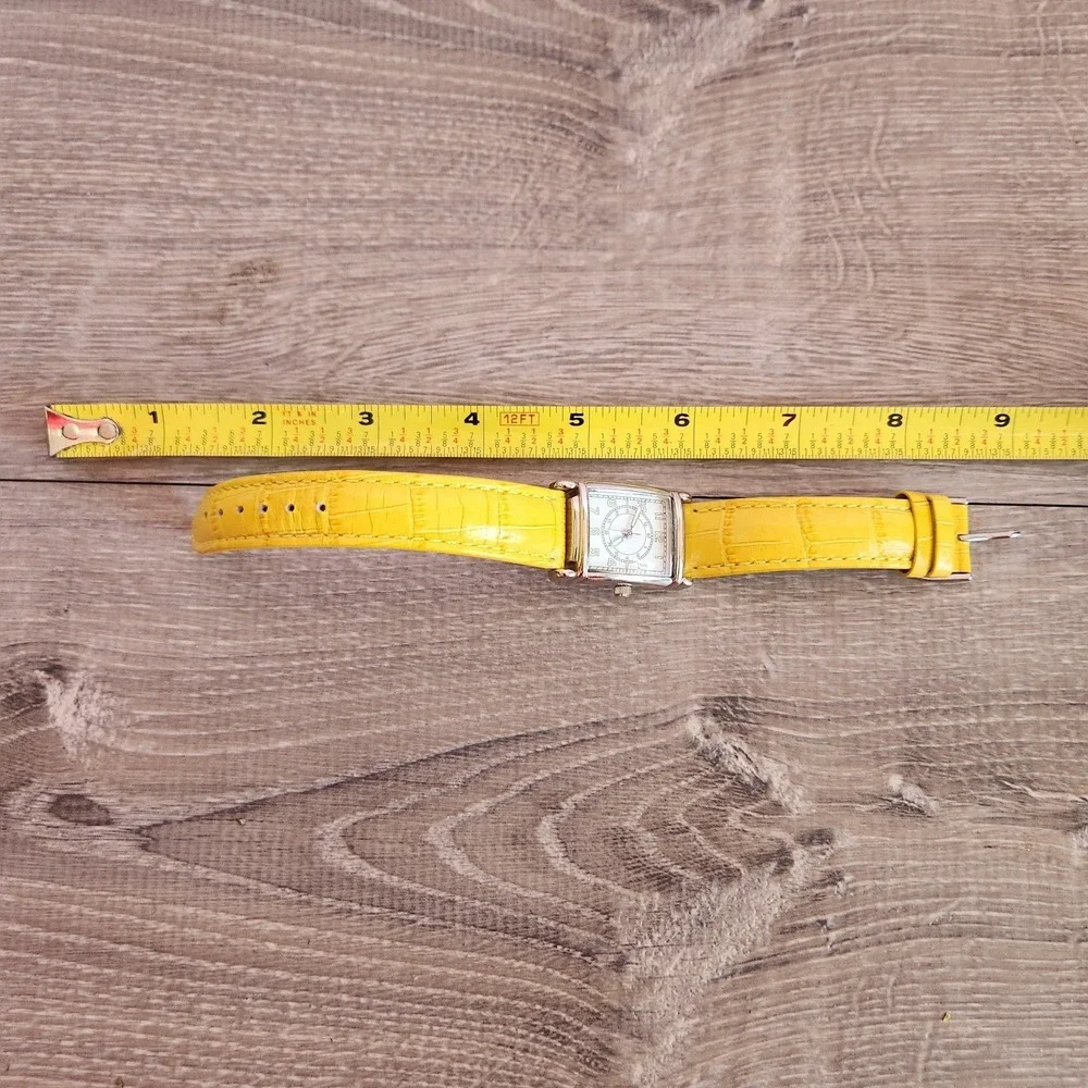 Womens Yellow Unbranded Rectangle Face Wrist Watch Leather Band New Battery